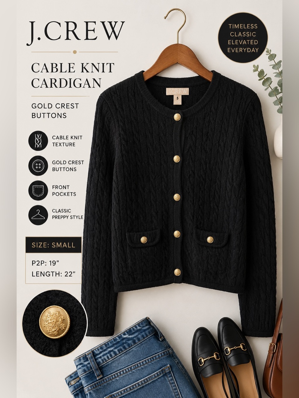 J. Crew Black Cable Knit Cardigan Sweater Gold Crest Buttons Small Preppy
